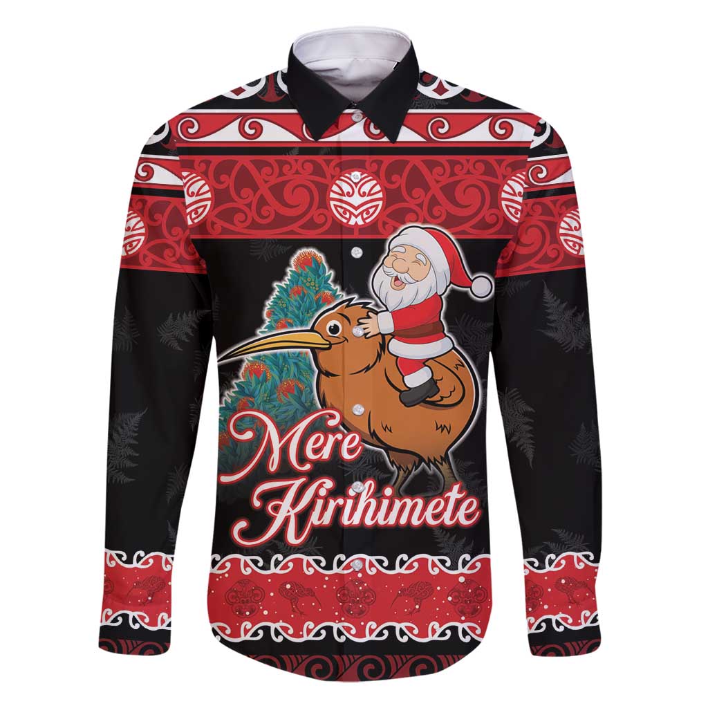 New Zealand Christmas Family Matching Off Shoulder Maxi Dress and Hawaiian Shirt Funny Santa Riding Kiwi Meri Kirihimete LT05 Dad's Shirt - Long Sleeve Black - Polynesian Pride