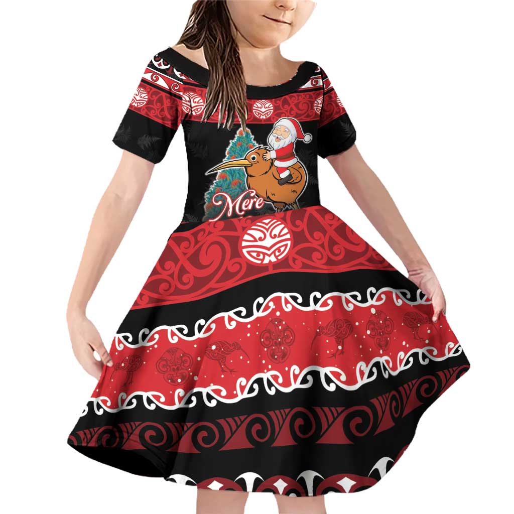 New Zealand Christmas Family Matching Off Shoulder Short Dress and Hawaiian Shirt Funny Santa Riding Kiwi Meri Kirihimete LT05 Daughter's Dress Black - Polynesian Pride