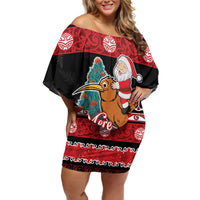 New Zealand Christmas Family Matching Off Shoulder Short Dress and Hawaiian Shirt Funny Santa Riding Kiwi Meri Kirihimete LT05 Mom's Dress Black - Polynesian Pride