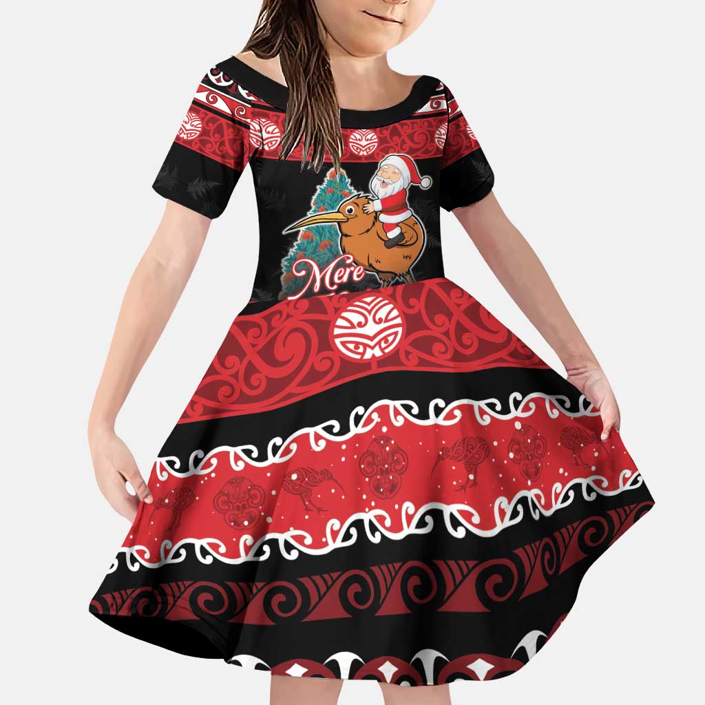 New Zealand Christmas Family Matching Puletasi and Hawaiian Shirt Funny Santa Riding Kiwi Meri Kirihimete LT05 Daughter's Dress Black - Polynesian Pride