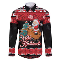 New Zealand Christmas Family Matching Puletasi and Hawaiian Shirt Funny Santa Riding Kiwi Meri Kirihimete LT05 Dad's Shirt - Long Sleeve Black - Polynesian Pride