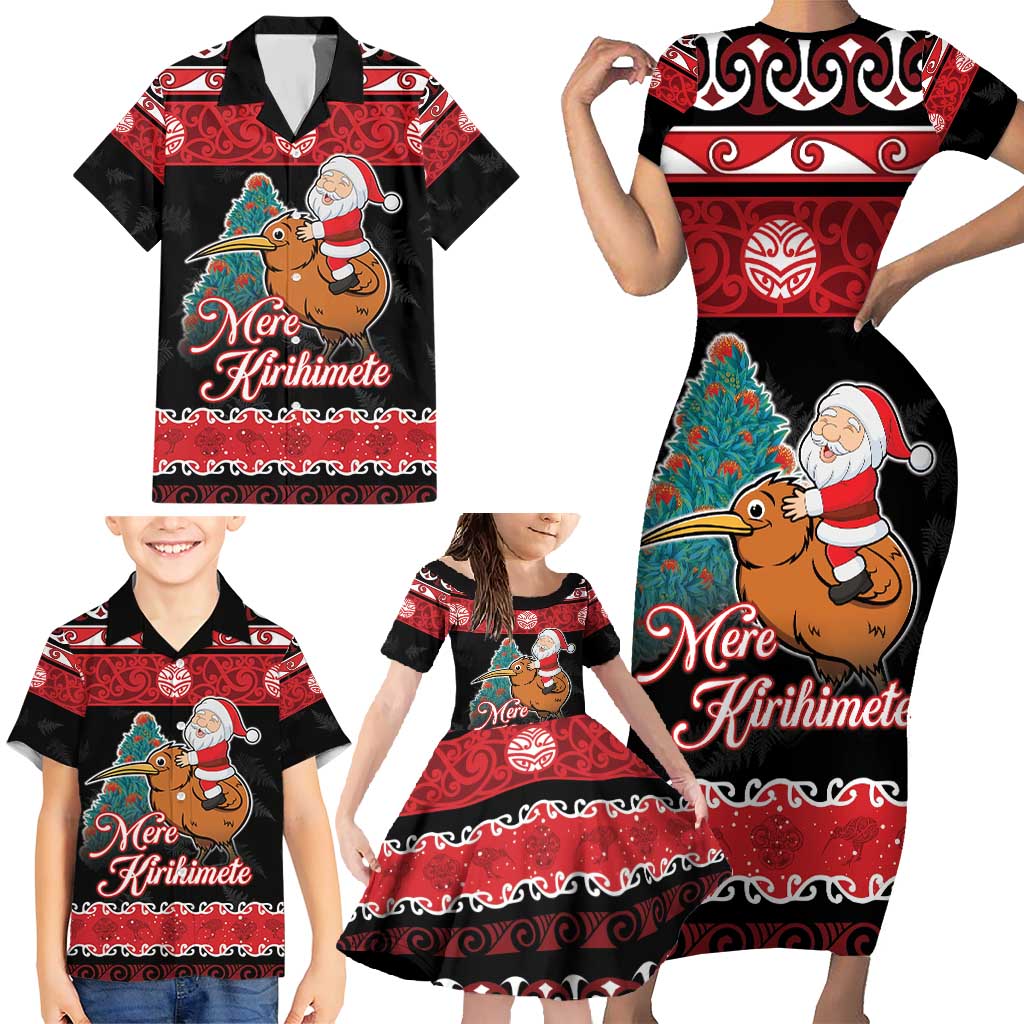 New Zealand Christmas Family Matching Short Sleeve Bodycon Dress and Hawaiian Shirt Funny Santa Riding Kiwi Meri Kirihimete LT05 - Polynesian Pride