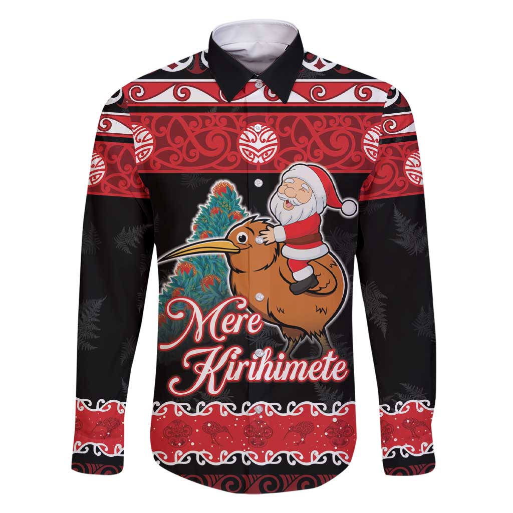 New Zealand Christmas Family Matching Short Sleeve Bodycon Dress and Hawaiian Shirt Funny Santa Riding Kiwi Meri Kirihimete LT05 Dad's Shirt - Long Sleeve Black - Polynesian Pride