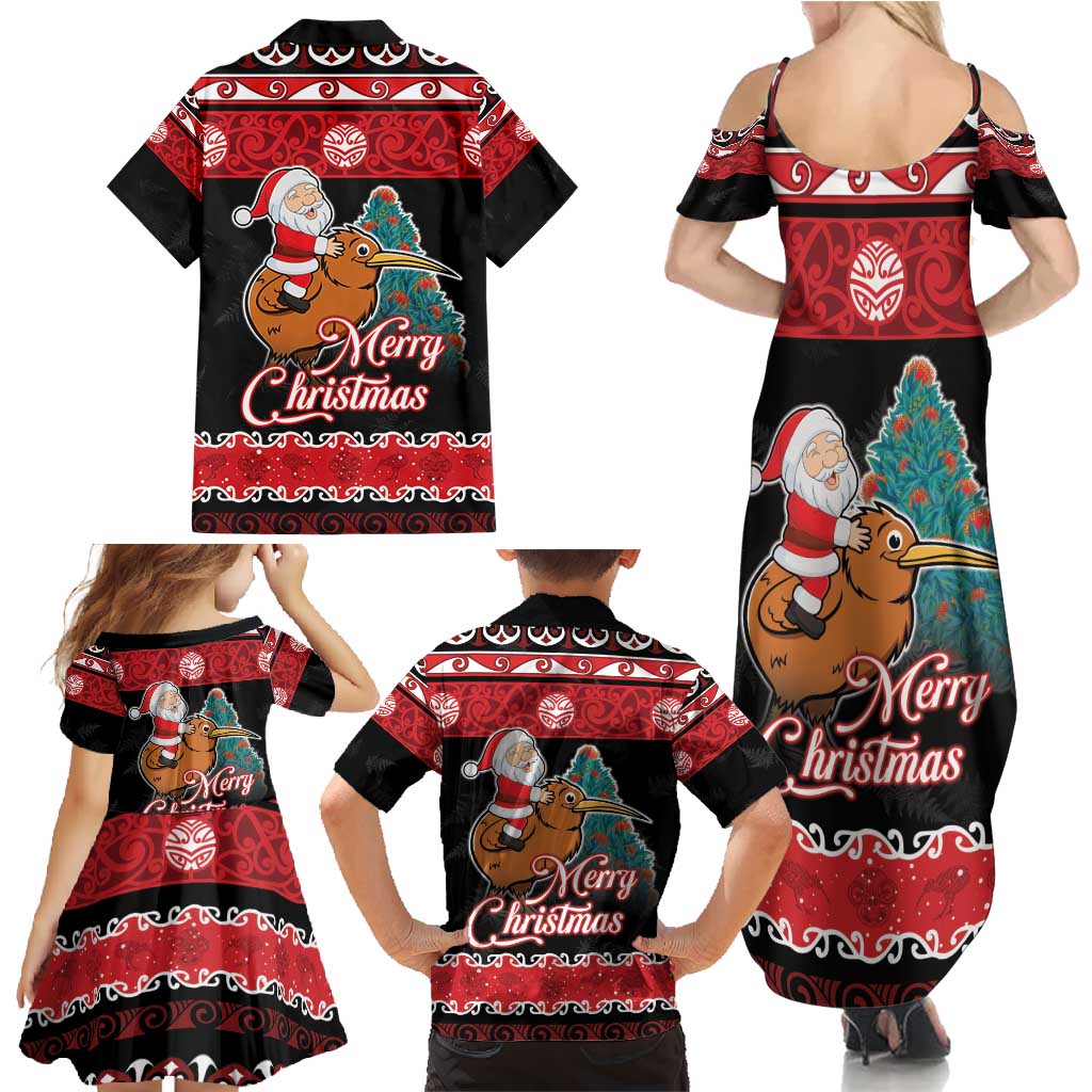 New Zealand Christmas Family Matching Summer Maxi Dress and Hawaiian Shirt Funny Santa Riding Kiwi Meri Kirihimete LT05 - Polynesian Pride