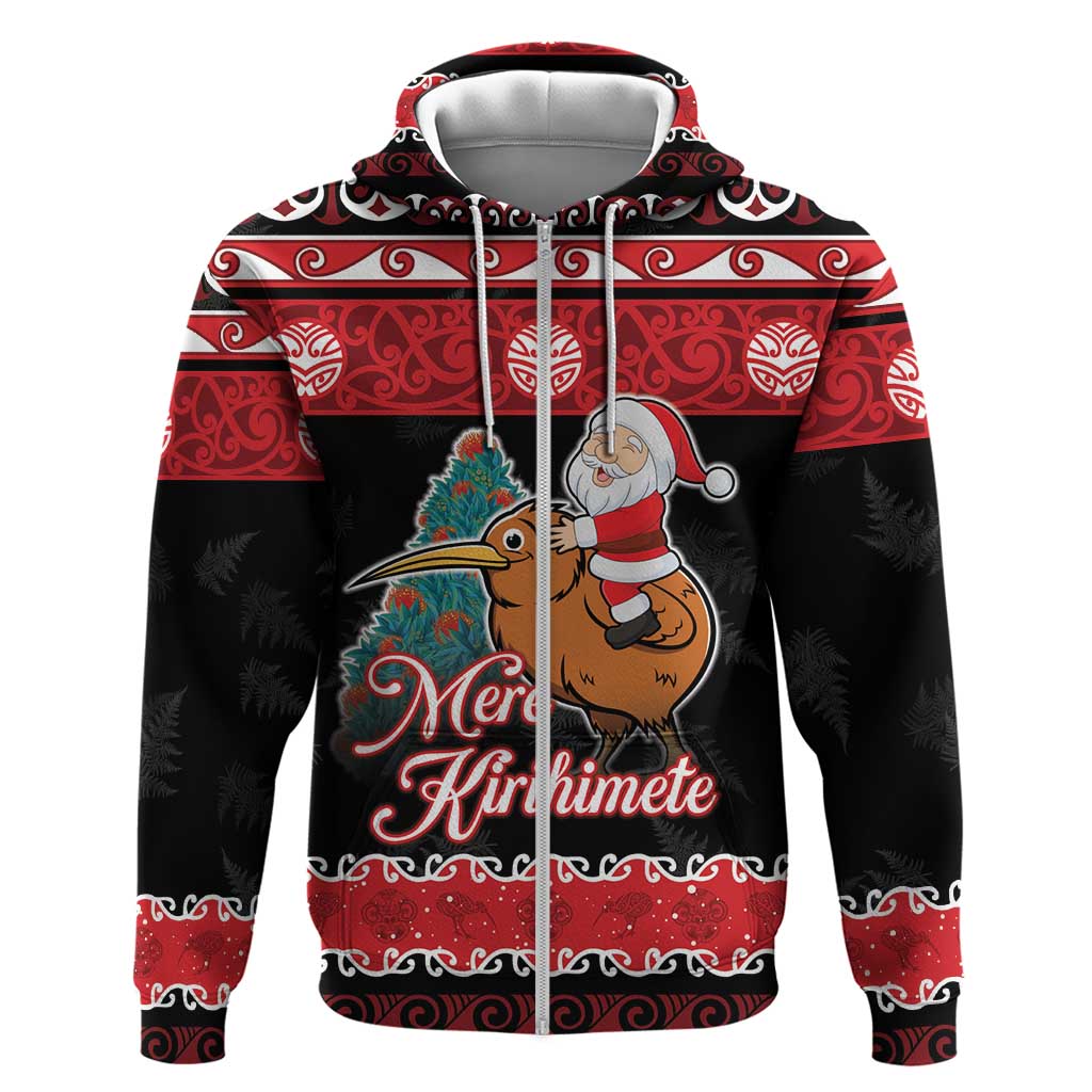 New Zealand Christmas Hoodie Funny Santa Riding Kiwi Meri Kirihimete LT05 Zip Hoodie Black - Polynesian Pride