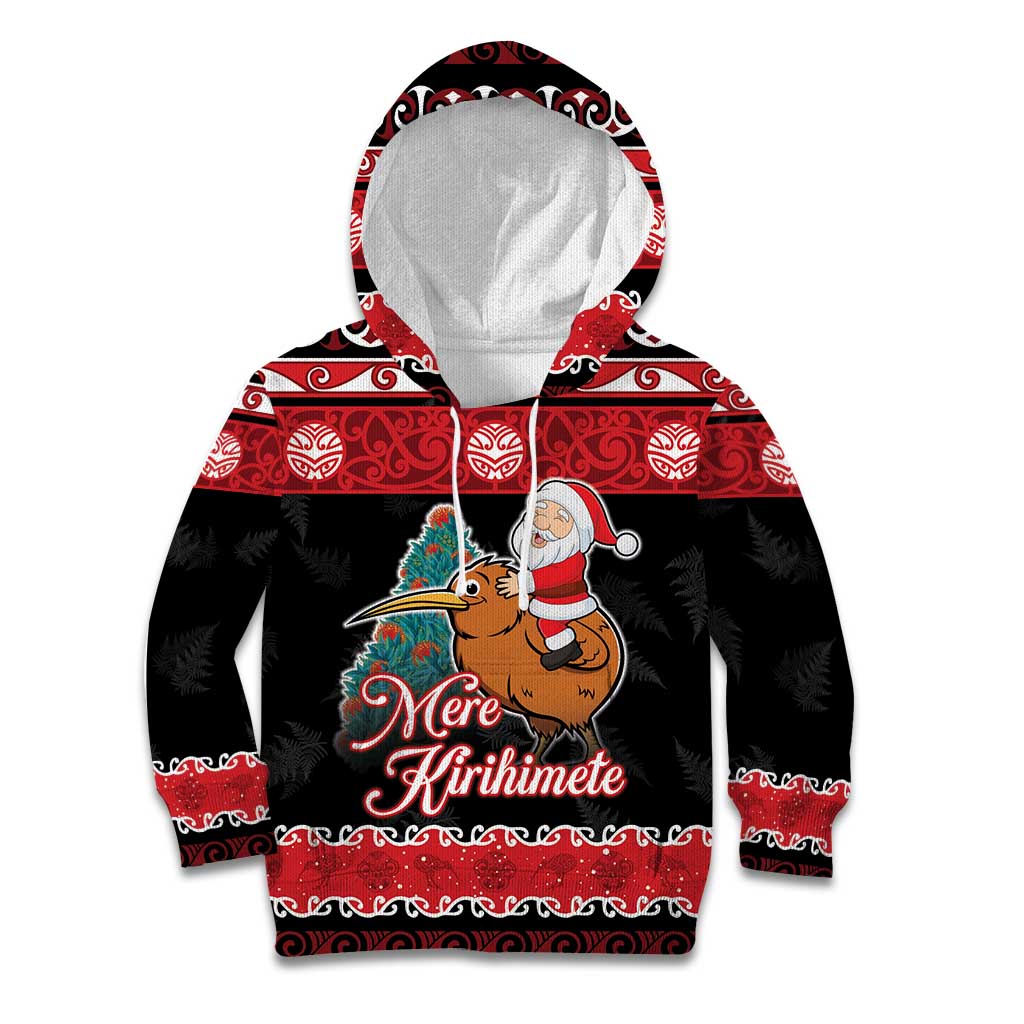 New Zealand Christmas Kid Hoodie Funny Santa Riding Kiwi Meri Kirihimete LT05 Hoodie Black - Polynesian Pride