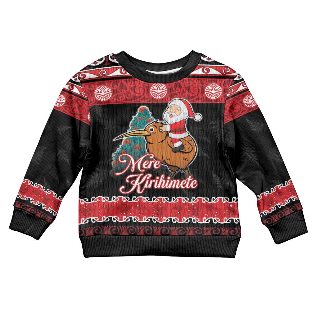 New Zealand Christmas Kid Ugly Christmas Sweater Funny Santa Riding Kiwi Meri Kirihimete LT05 Kid Black - Polynesian Pride