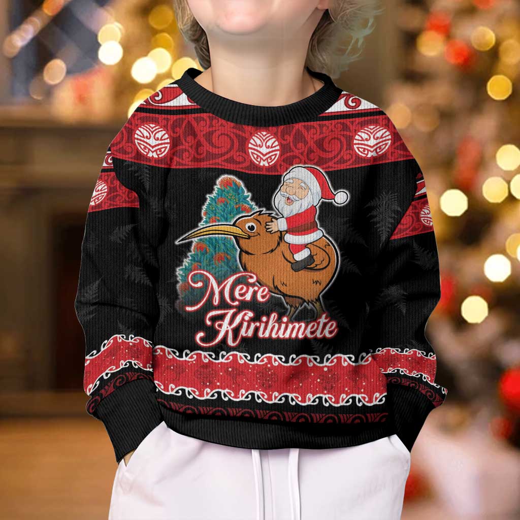 New Zealand Christmas Kid Ugly Christmas Sweater Funny Santa Riding Kiwi Meri Kirihimete LT05 - Polynesian Pride