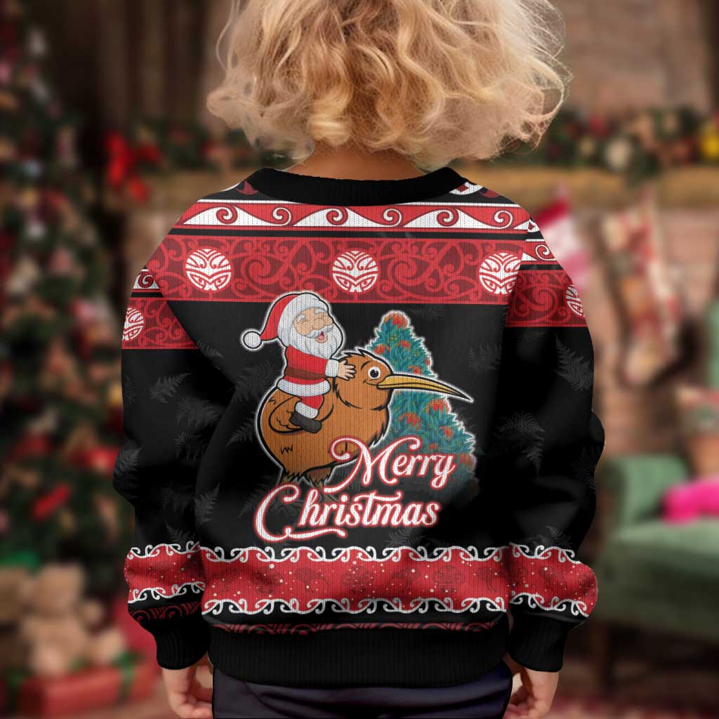 New Zealand Christmas Kid Ugly Christmas Sweater Funny Santa Riding Kiwi Meri Kirihimete LT05 - Polynesian Pride