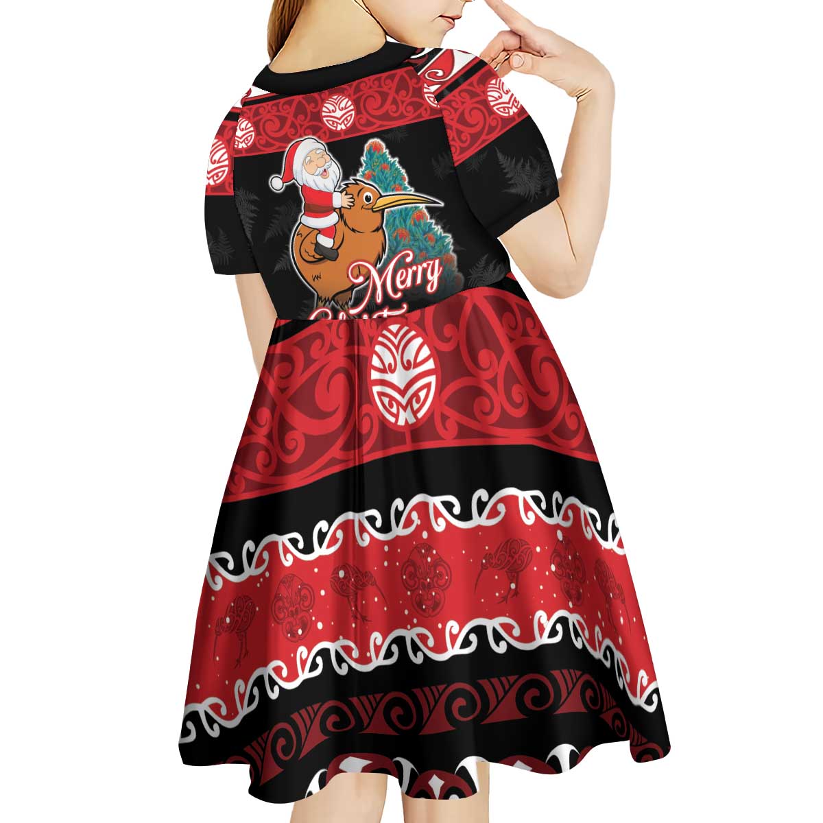 New Zealand Christmas Kid Short Sleeve Dress Funny Santa Riding Kiwi Meri Kirihimete LT05 - Polynesian Pride