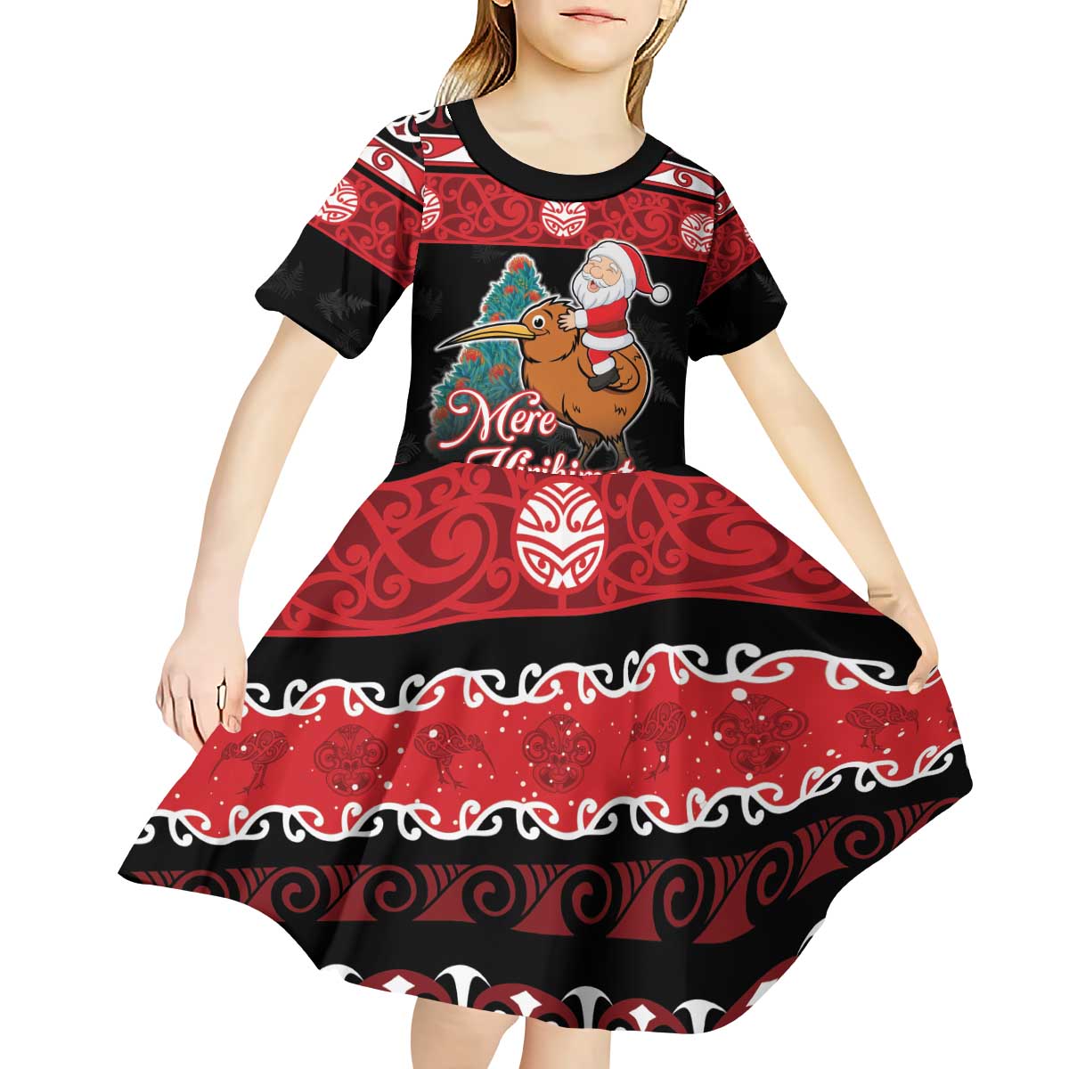 New Zealand Christmas Kid Short Sleeve Dress Funny Santa Riding Kiwi Meri Kirihimete LT05 - Polynesian Pride