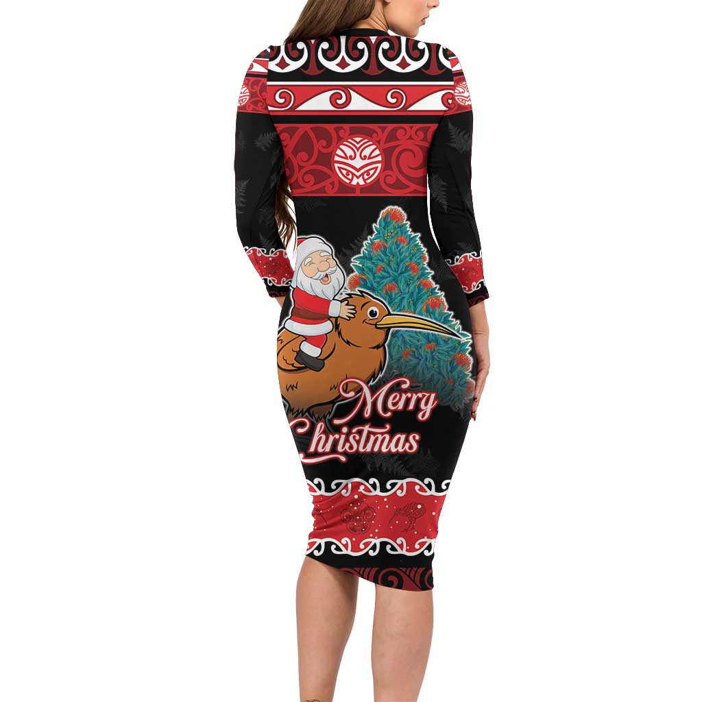 New Zealand Christmas Long Sleeve Bodycon Dress Funny Santa Riding Kiwi Meri Kirihimete LT05 - Polynesian Pride