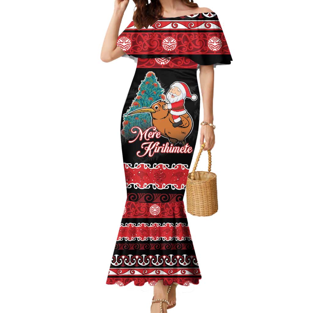 New Zealand Christmas Mermaid Dress Funny Santa Riding Kiwi Meri Kirihimete LT05 Women Black - Polynesian Pride