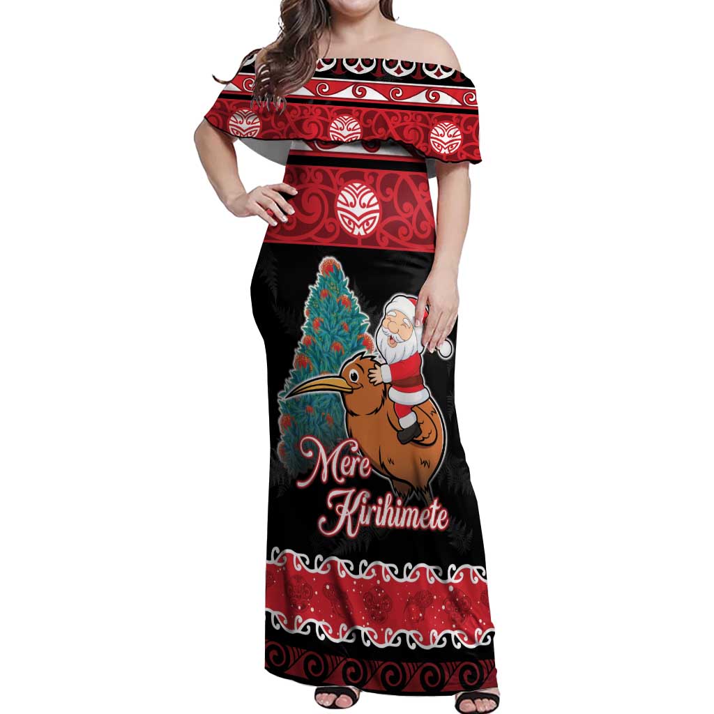 New Zealand Christmas Off Shoulder Maxi Dress Funny Santa Riding Kiwi Meri Kirihimete LT05 Women Black - Polynesian Pride