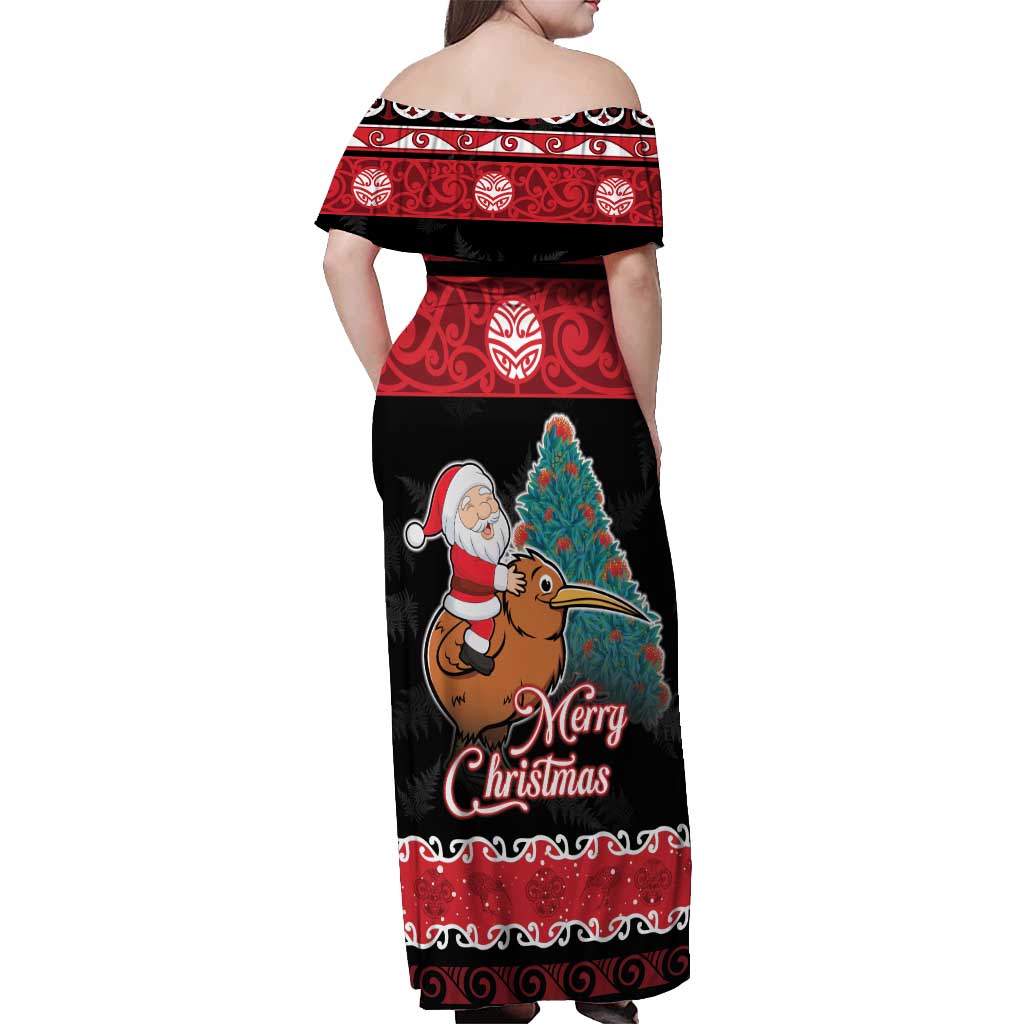 New Zealand Christmas Off Shoulder Maxi Dress Funny Santa Riding Kiwi Meri Kirihimete LT05 - Polynesian Pride