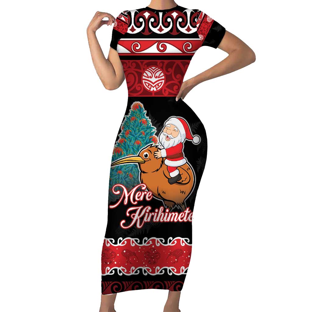 New Zealand Christmas Short Sleeve Bodycon Dress Funny Santa Riding Kiwi Meri Kirihimete LT05 Long Dress Black - Polynesian Pride
