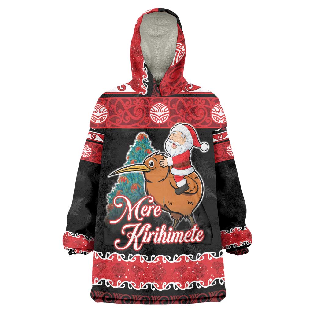 New Zealand Christmas Wearable Blanket Hoodie Funny Santa Riding Kiwi Meri Kirihimete LT05 One Size Black - Polynesian Pride