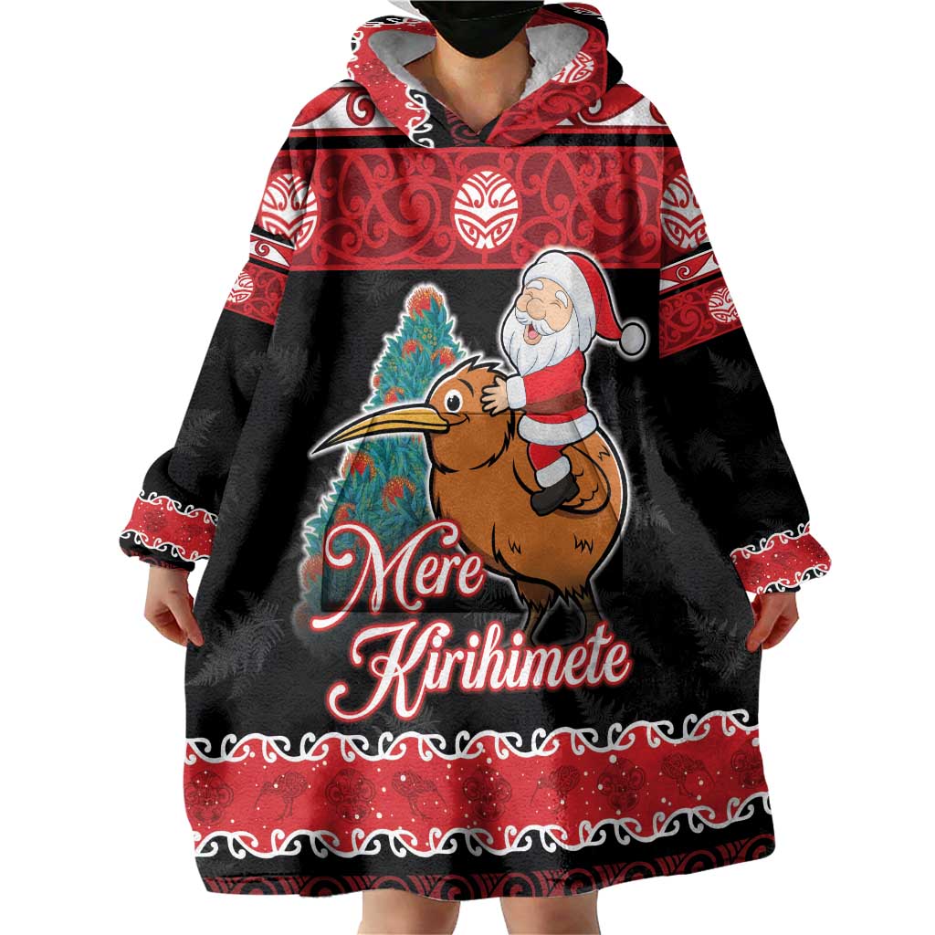 New Zealand Christmas Wearable Blanket Hoodie Funny Santa Riding Kiwi Meri Kirihimete LT05 - Polynesian Pride