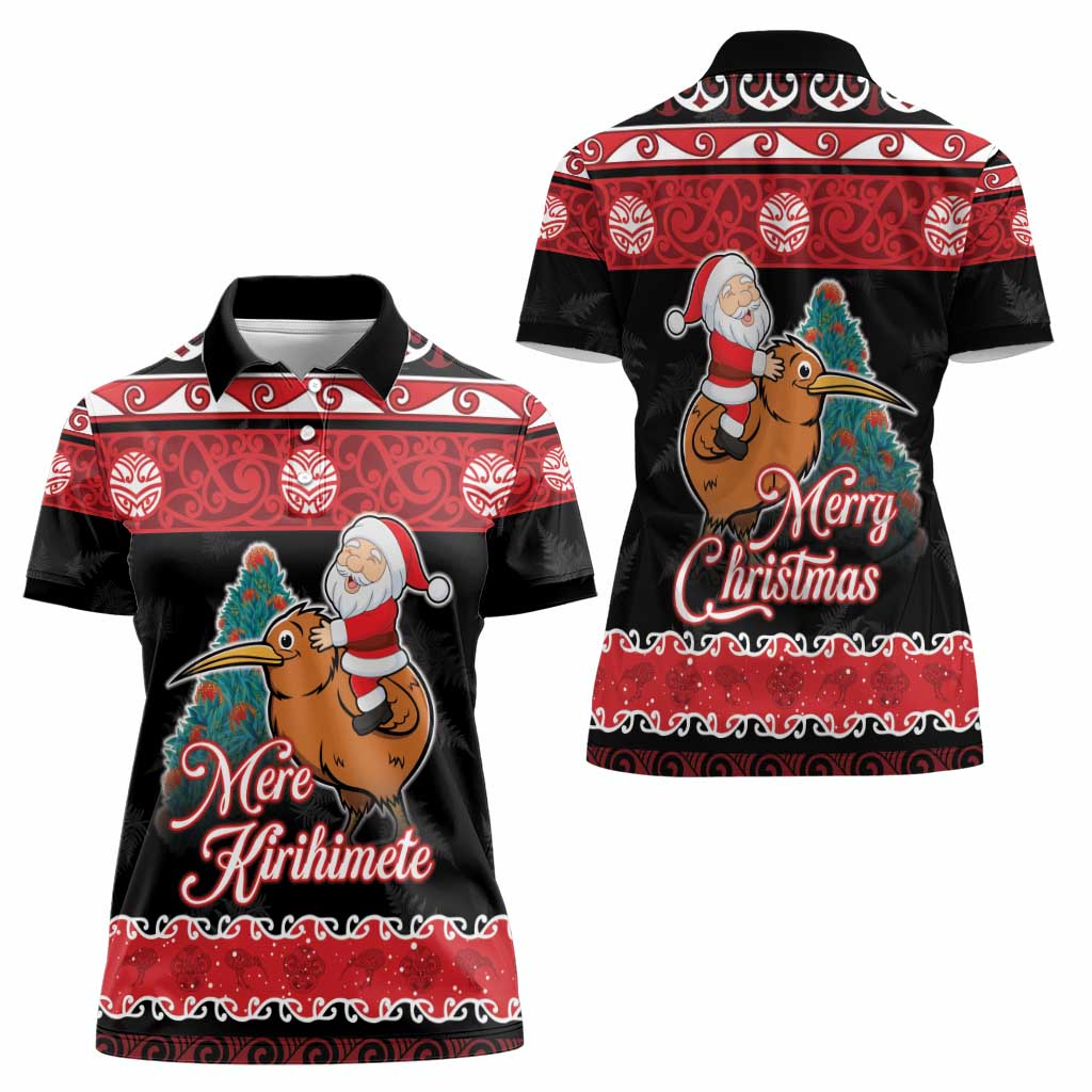 New Zealand Christmas Women Polo Shirt Funny Santa Riding Kiwi Meri Kirihimete LT05 - Polynesian Pride