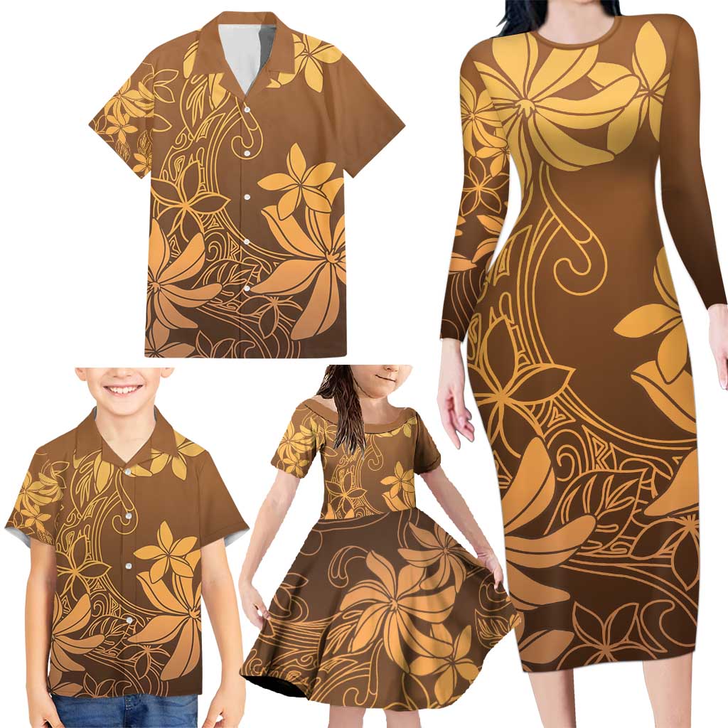 Tiare Tahiti Family Matching Long Sleeve Bodycon Dress and Hawaiian Shirt Brown Polynesia Motifs LT05 - Polynesian Pride