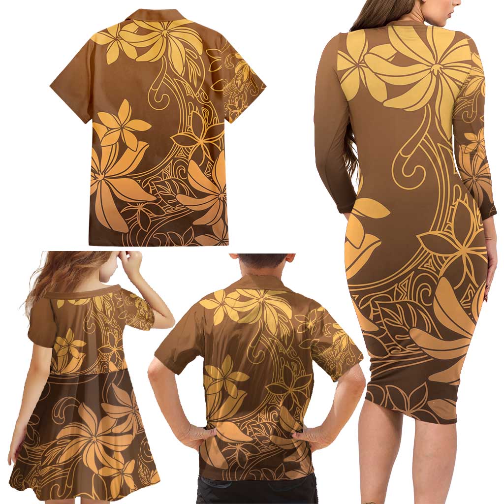 Tiare Tahiti Family Matching Long Sleeve Bodycon Dress and Hawaiian Shirt Brown Polynesia Motifs LT05 - Polynesian Pride