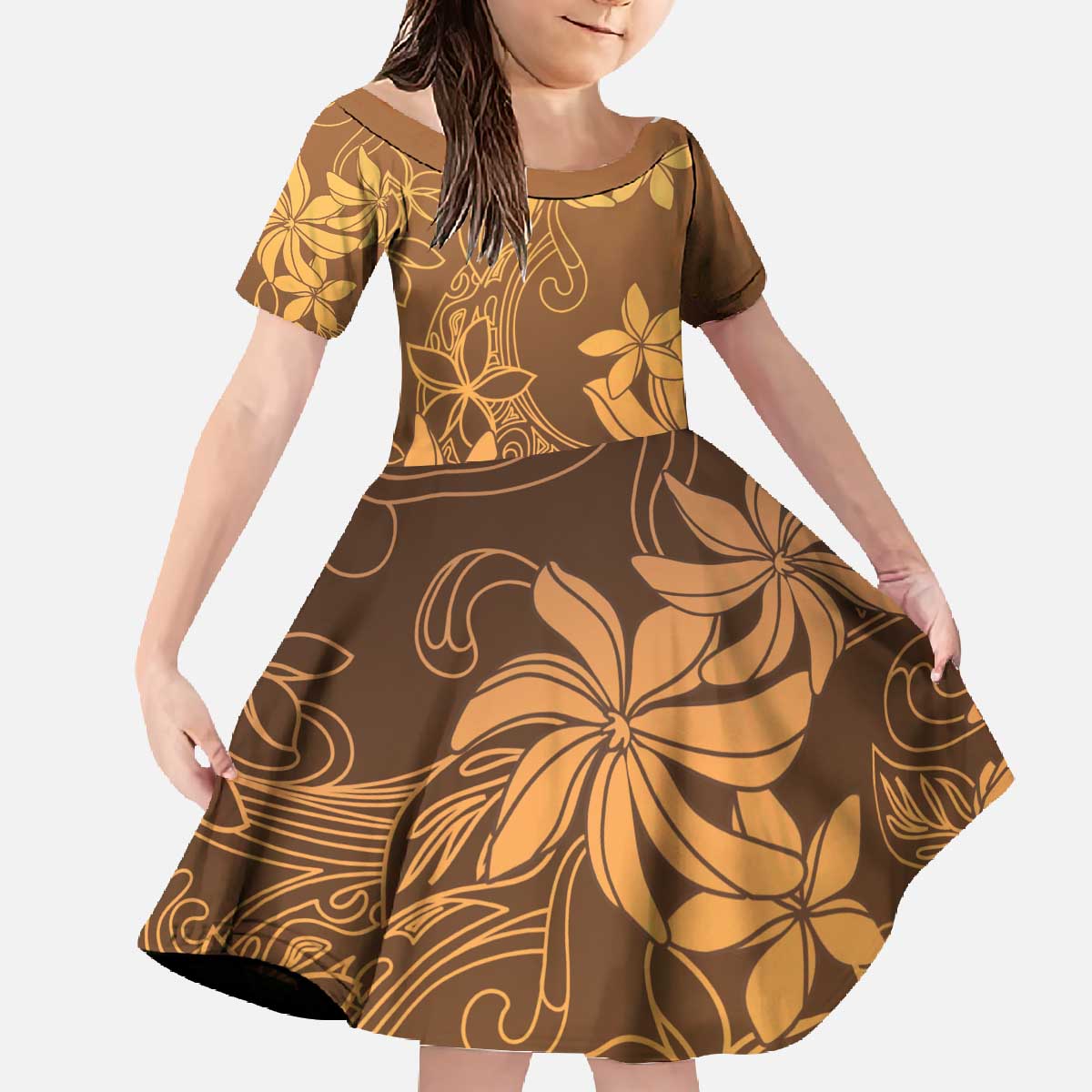 Tiare Tahiti Family Matching Off The Shoulder Long Sleeve Dress and Hawaiian Shirt Brown Polynesia Motifs LT05 Daughter's Dress Brown - Polynesian Pride