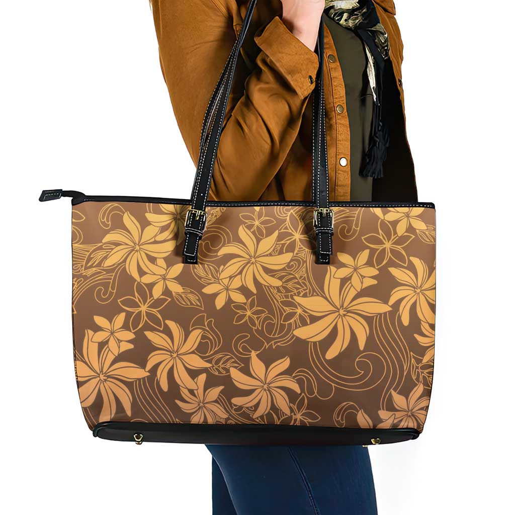Tiare Tahiti Leather Tote Bag Brown Polynesia Motifs - Polynesian Pride