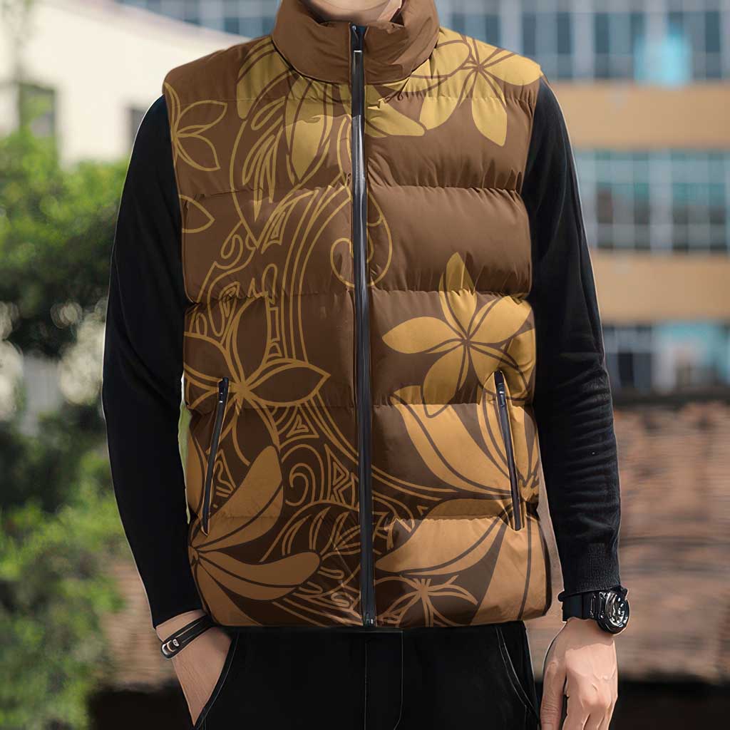 Tiare Tahiti Sleeveless Puffer Jacket Brown Polynesia Motifs - Polynesian Pride