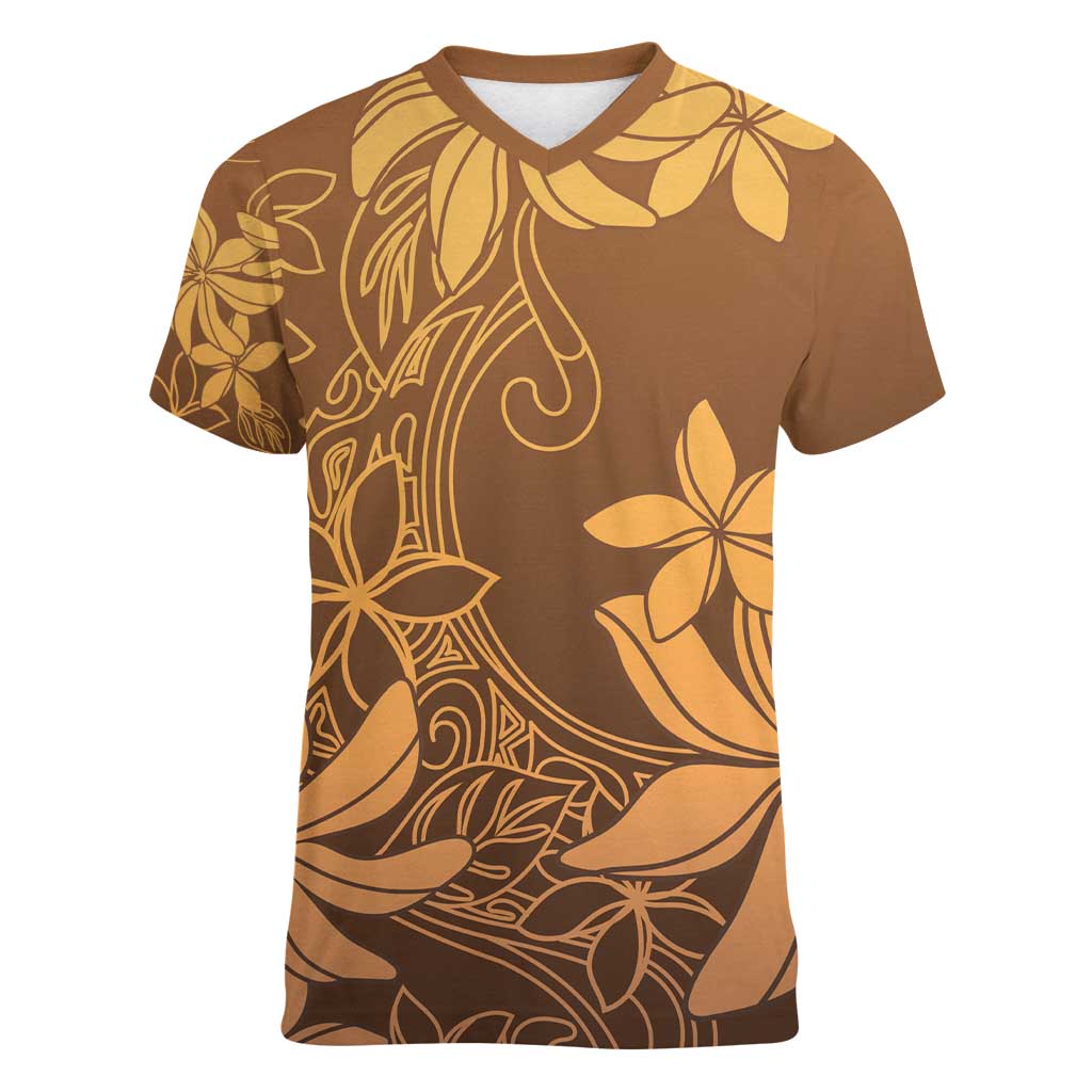 Tiare Tahiti Women V-Neck T-Shirt Brown Polynesia Motifs LT05 Female Brown - Polynesian Pride