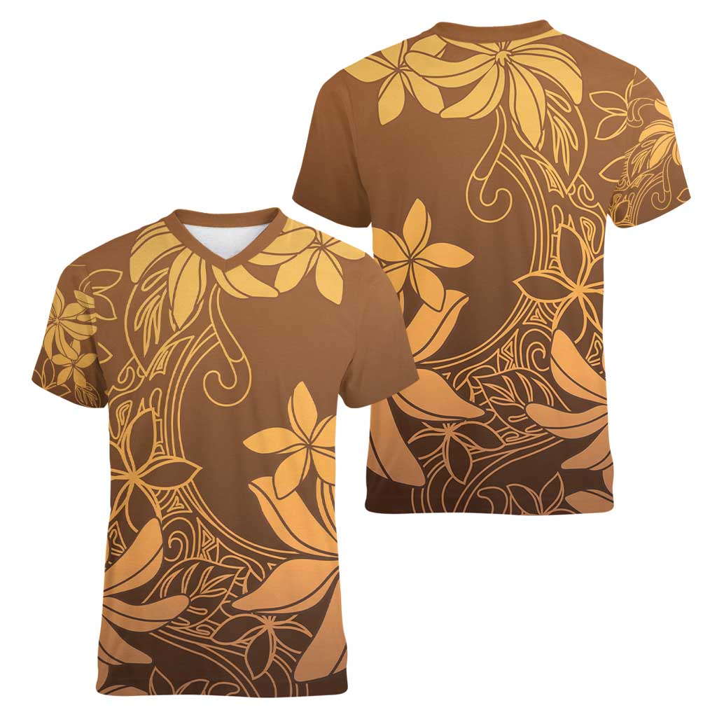 Tiare Tahiti Women V-Neck T-Shirt Brown Polynesia Motifs LT05 - Polynesian Pride