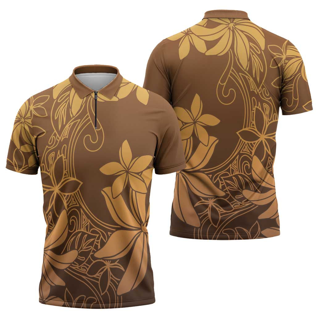 Tiare Tahiti Zipper Polo Shirt Brown Polynesia Motifs - Polynesian Pride