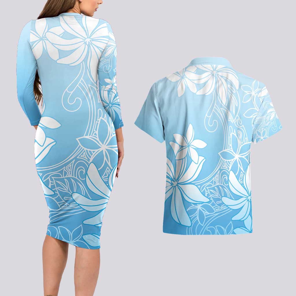 Tiare Tahiti Couples Matching Long Sleeve Bodycon Dress and Hawaiian Shirt Blue Polynesia Motifs - Polynesian Pride