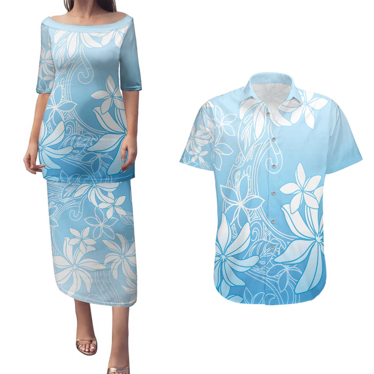 Tiare Tahiti Couples Matching Puletasi and Hawaiian Shirt Blue Polynesia Motifs - Polynesian Pride
