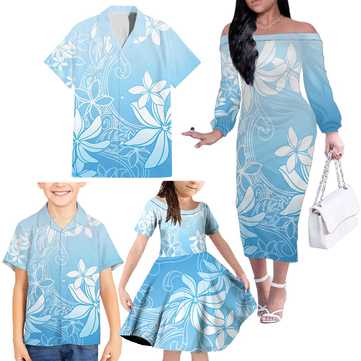 Tiare Tahiti Family Matching Off The Shoulder Long Sleeve Dress and Hawaiian Shirt Blue Polynesia Motifs LT05 - Polynesian Pride