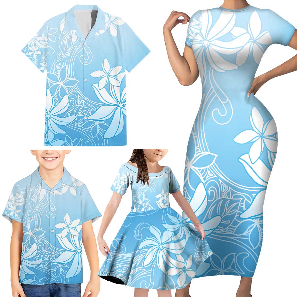 Tiare Tahiti Family Matching Short Sleeve Bodycon Dress and Hawaiian Shirt Blue Polynesia Motifs LT05 - Polynesian Pride