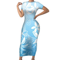 Tiare Tahiti Family Matching Short Sleeve Bodycon Dress and Hawaiian Shirt Blue Polynesia Motifs LT05 Mom's Dress Blue - Polynesian Pride