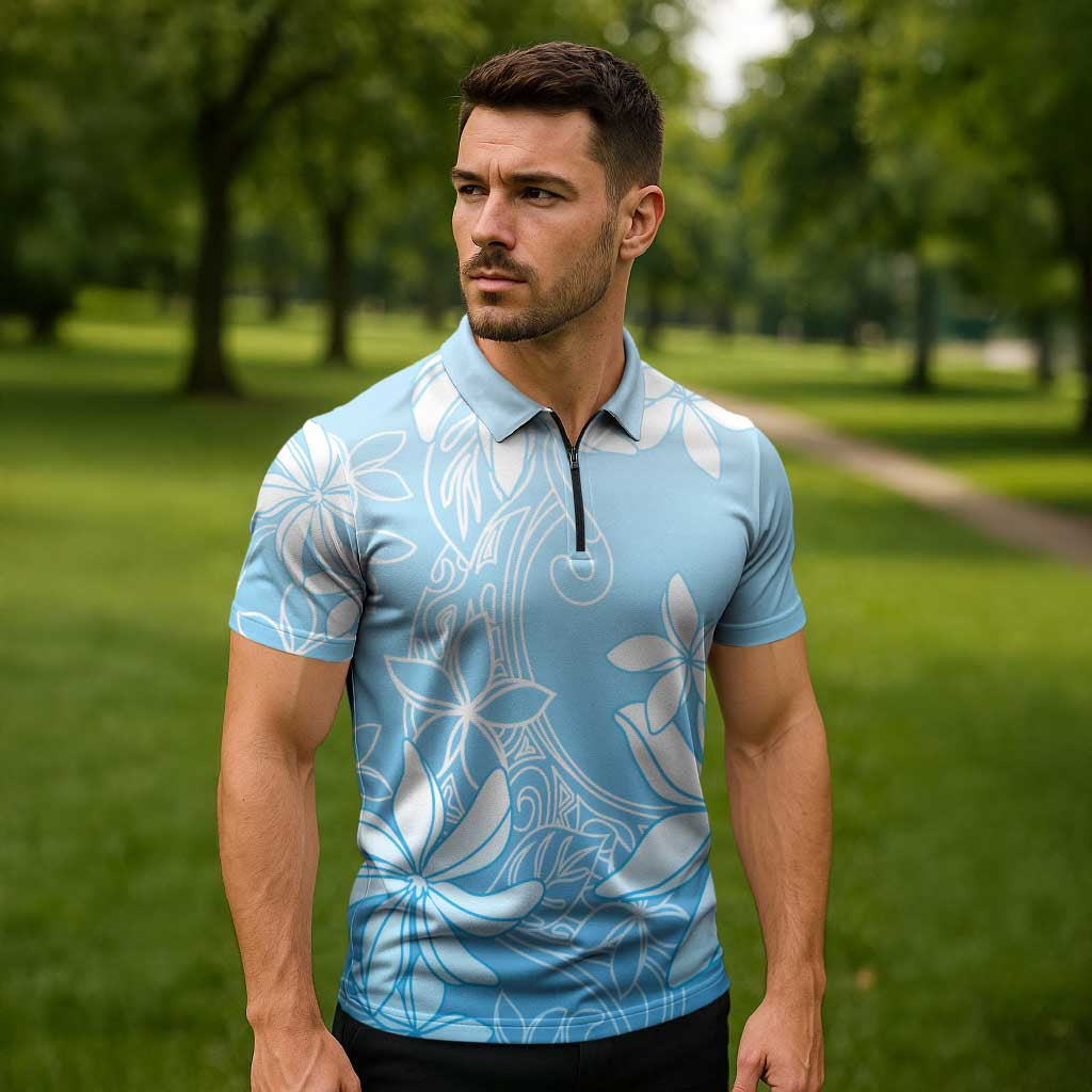 Tiare Tahiti Zipper Polo Shirt Blue Polynesia Motifs - Polynesian Pride