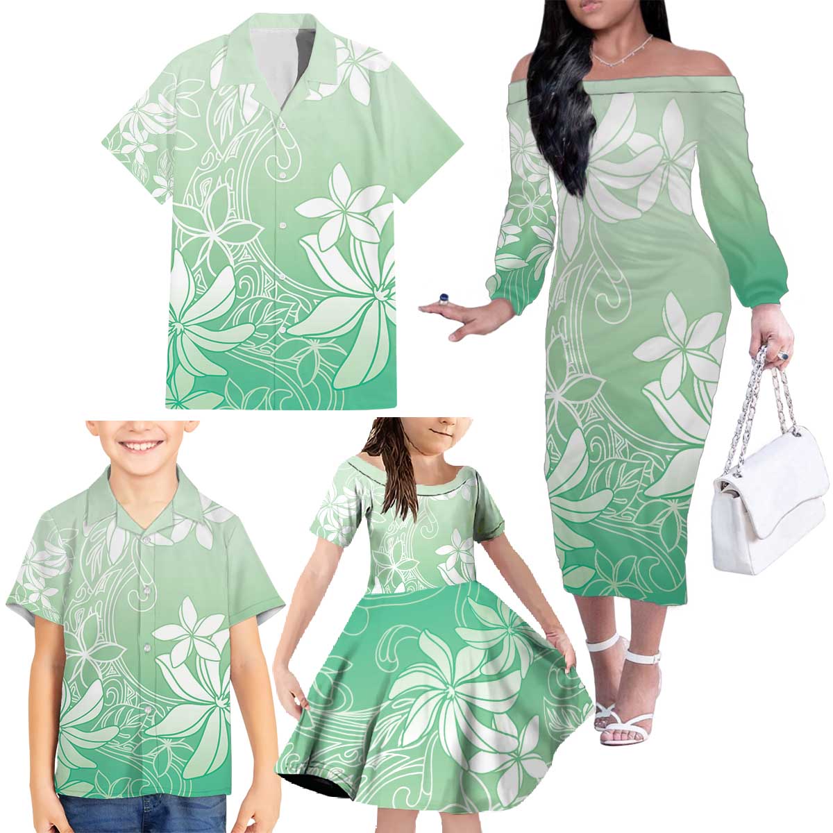 Tiare Tahiti Family Matching Off The Shoulder Long Sleeve Dress and Hawaiian Shirt Matcha Polynesia Motifs LT05 - Polynesian Pride
