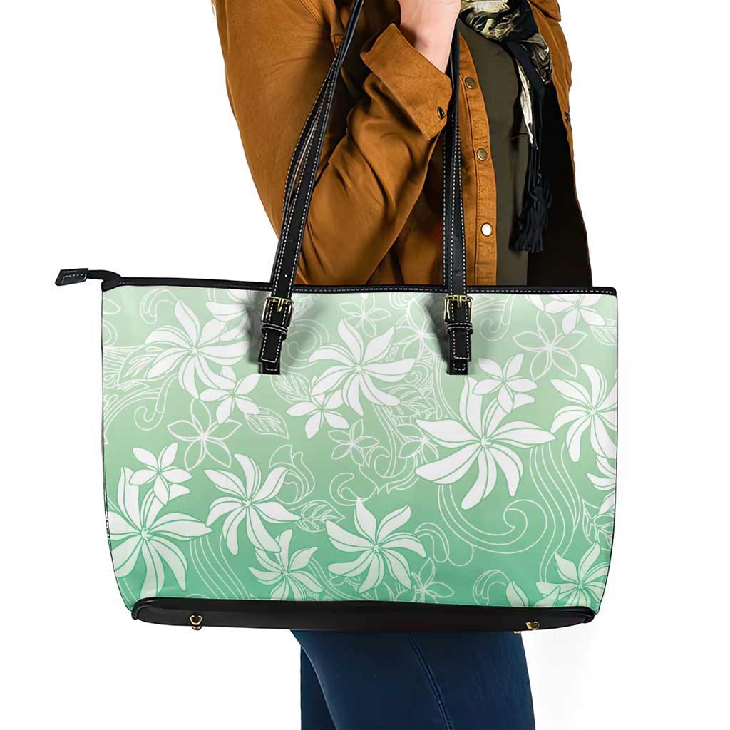 Tiare Tahiti Leather Tote Bag Matcha Polynesia Motifs - Polynesian Pride