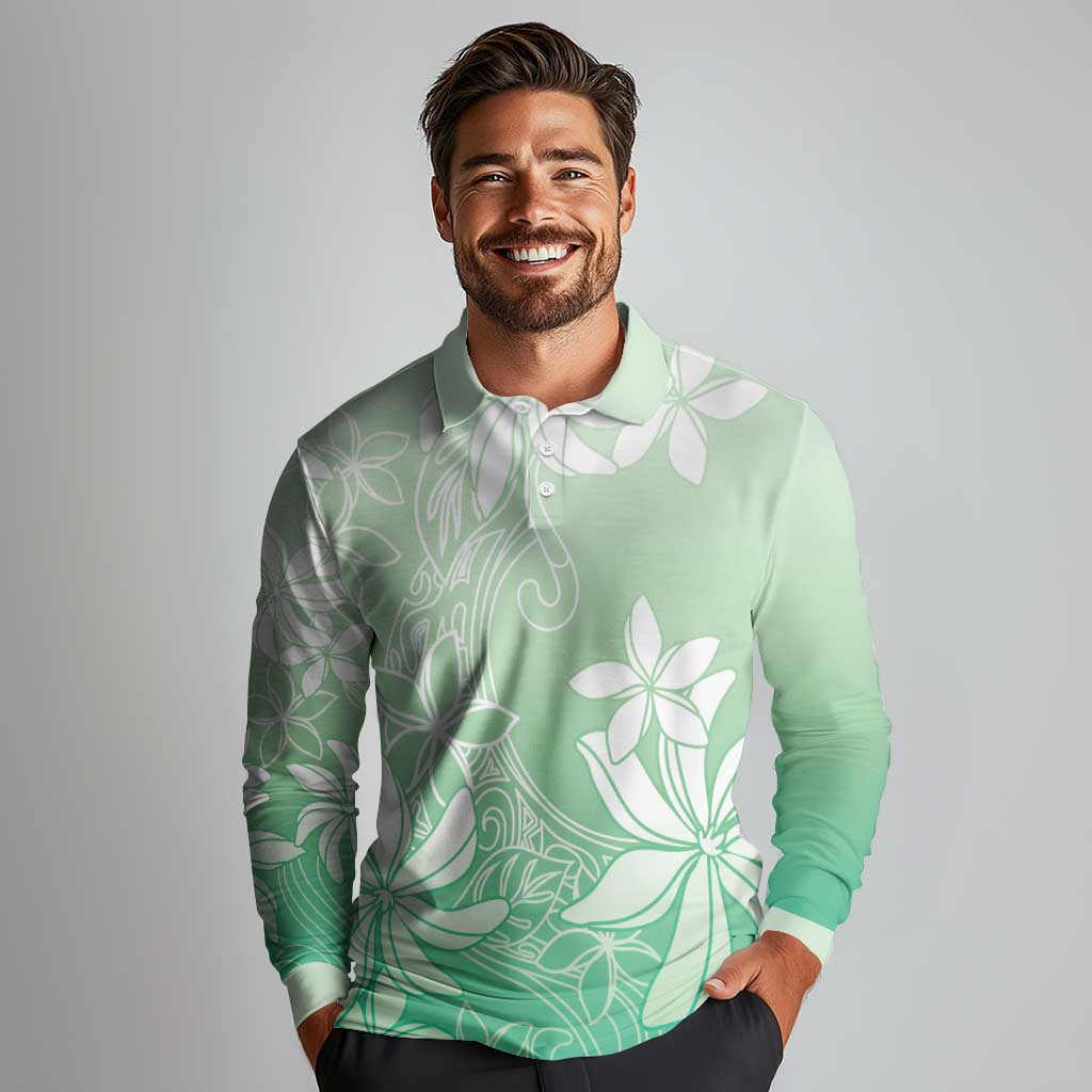 Tiare Tahiti Long Sleeve Polo Shirt Matcha Polynesia Motifs - Polynesian Pride