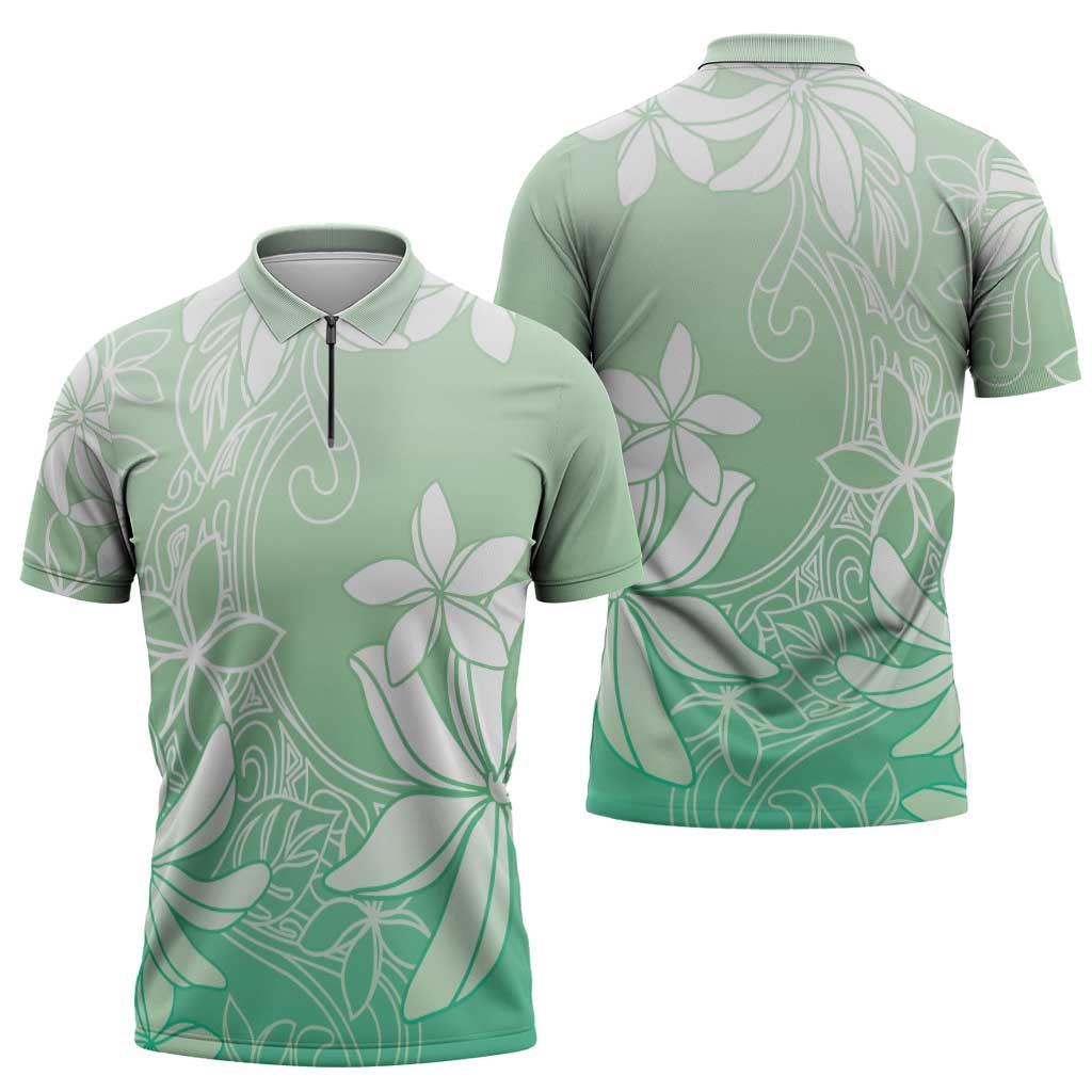 Tiare Tahiti Zipper Polo Shirt Matcha Polynesia Motifs - Polynesian Pride