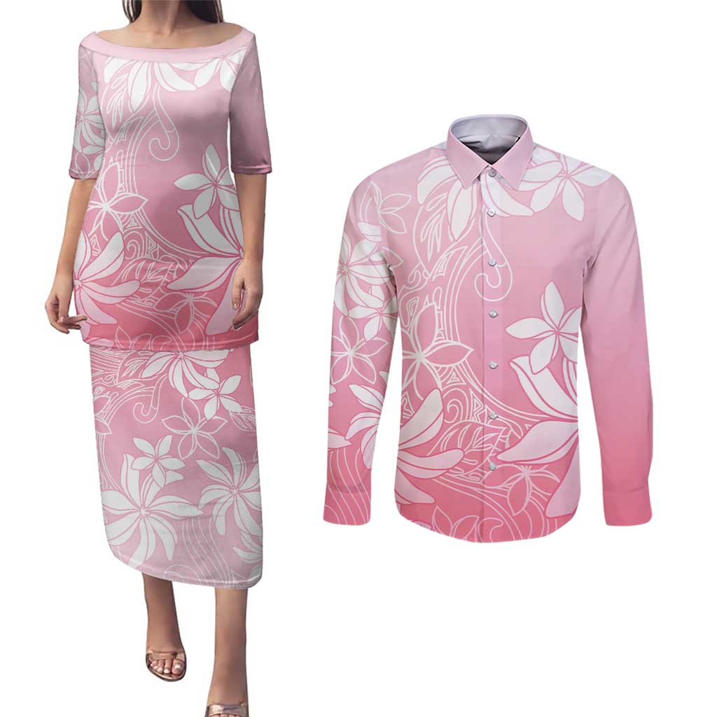 Tiare Tahiti Couples Matching Puletasi and Long Sleeve Button Shirt Pink Polynesia Motifs - Polynesian Pride