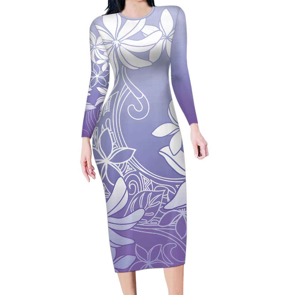 Tiare Tahiti Family Matching Long Sleeve Bodycon Dress and Hawaiian Shirt Purple Polynesia Motifs LT05 Mom's Dress Purple - Polynesian Pride