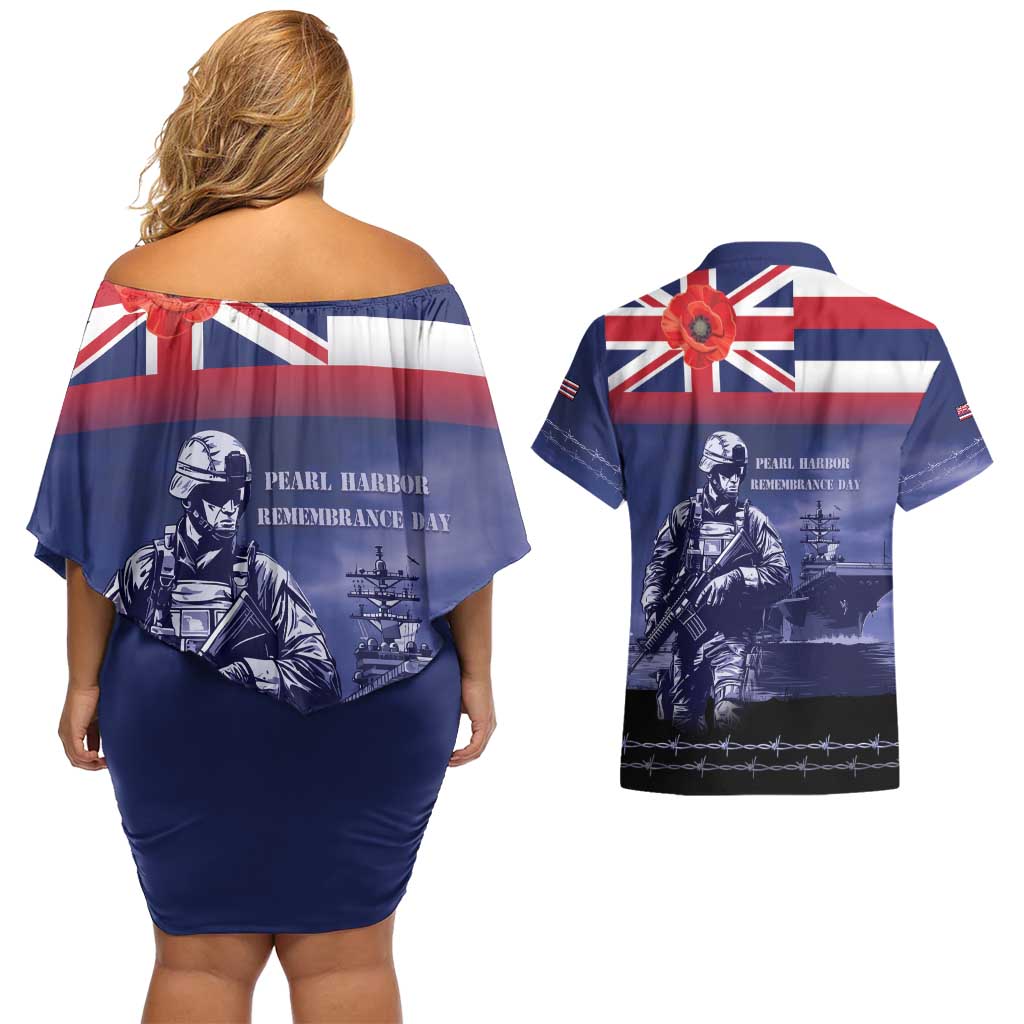 Hawaii Pearl Harbor Remembrance Day Couples Matching Off Shoulder Short Dress and Hawaiian Shirt Flag Style