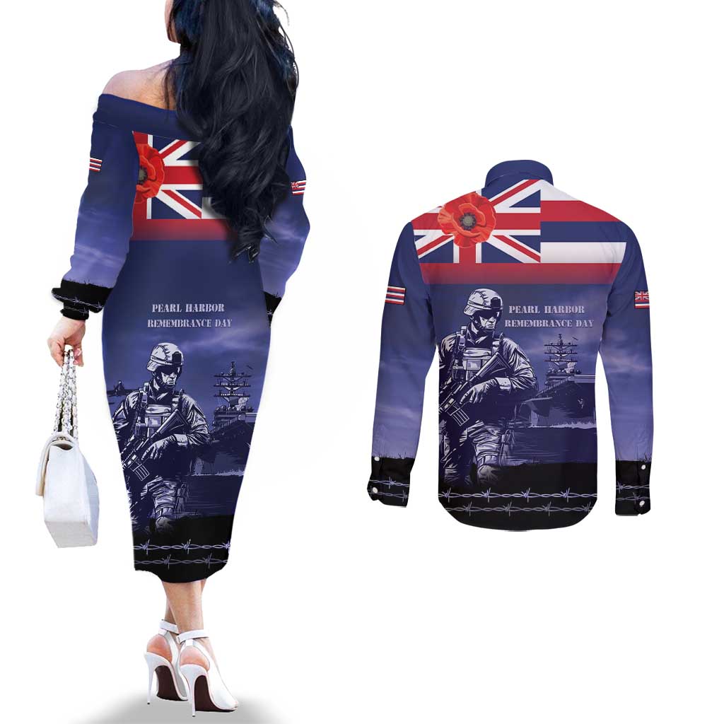 Hawaii Pearl Harbor Remembrance Day Couples Matching Off The Shoulder Long Sleeve Dress and Long Sleeve Button Shirt Flag Style