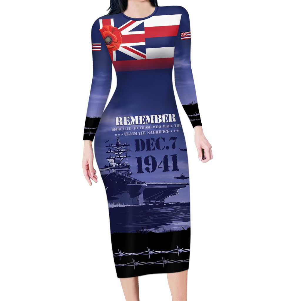 Hawaii Pearl Harbor Remembrance Day Family Matching Long Sleeve Bodycon Dress and Hawaiian Shirt Flag Style LT05 Mom's Dress Blue - Polynesian Pride