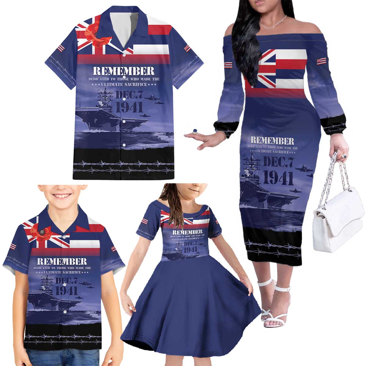 Hawaii Pearl Harbor Remembrance Day Family Matching Off The Shoulder Long Sleeve Dress and Hawaiian Shirt Flag Style LT05 - Polynesian Pride