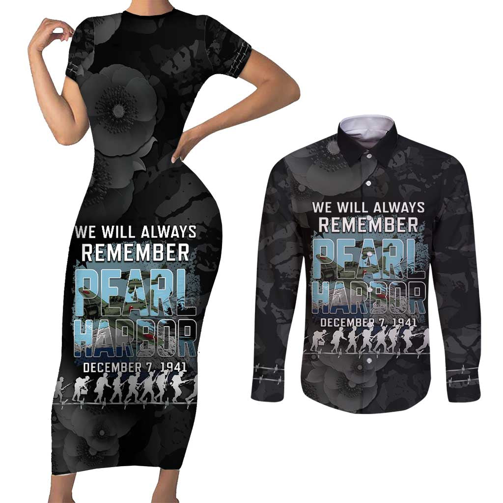 Personalized Pearl Harbor Remembrance Day Couples Matching Short Sleeve Bodycon Dress and Long Sleeve Button Shirt We Will Always Remember