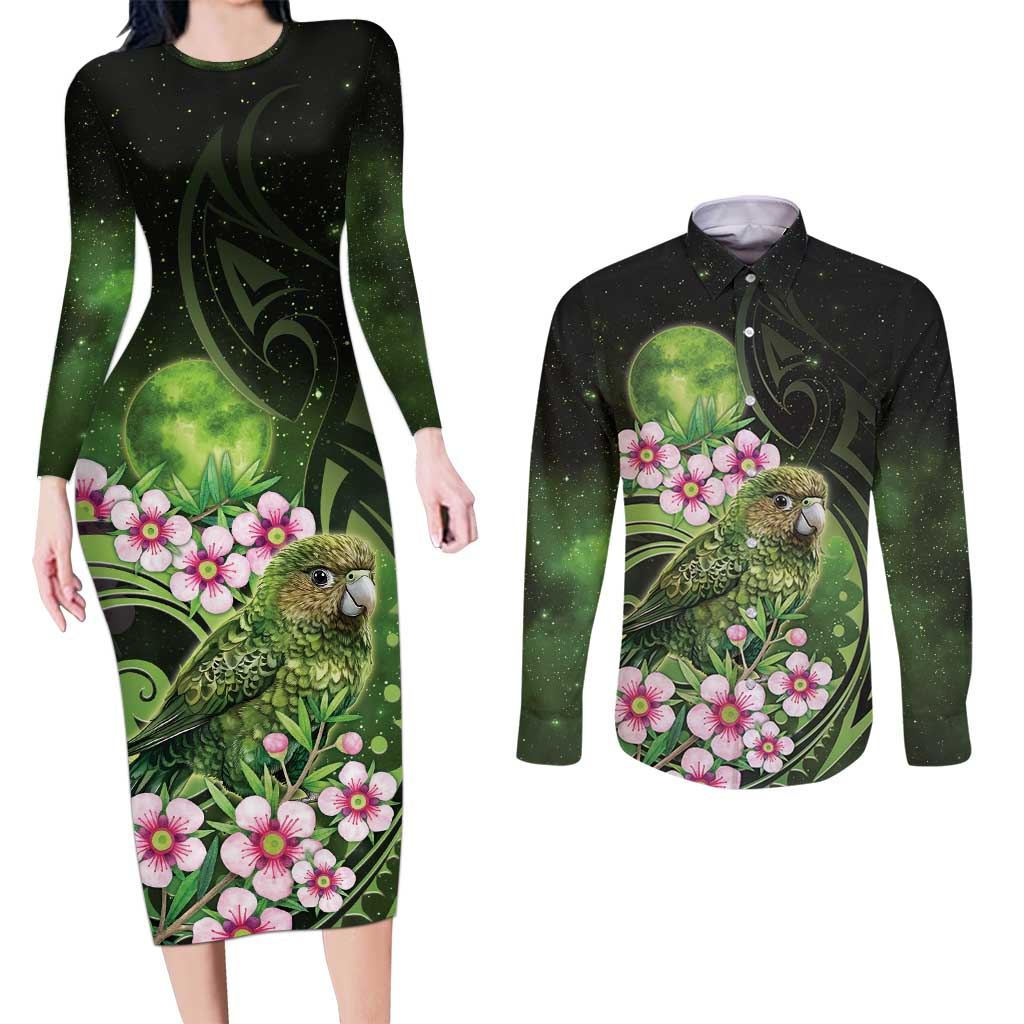 New Zealand Aotearoa Kakapo Couples Matching Long Sleeve Bodycon Dress and Long Sleeve Button Shirt Maori Pattern With Manuka Galaxy Style - Polynesian Pride