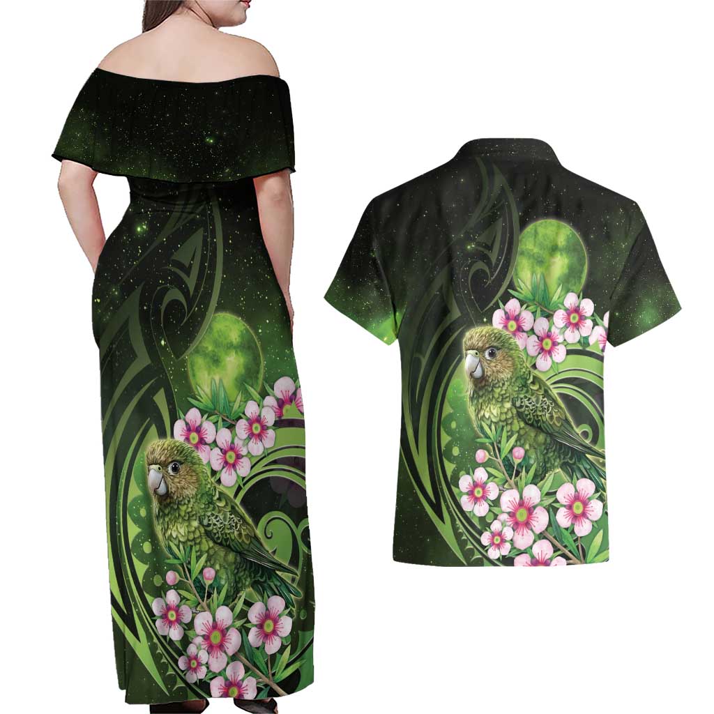 New Zealand Aotearoa Kakapo Couples Matching Off Shoulder Maxi Dress and Hawaiian Shirt Maori Pattern With Manuka Galaxy Style - Polynesian Pride